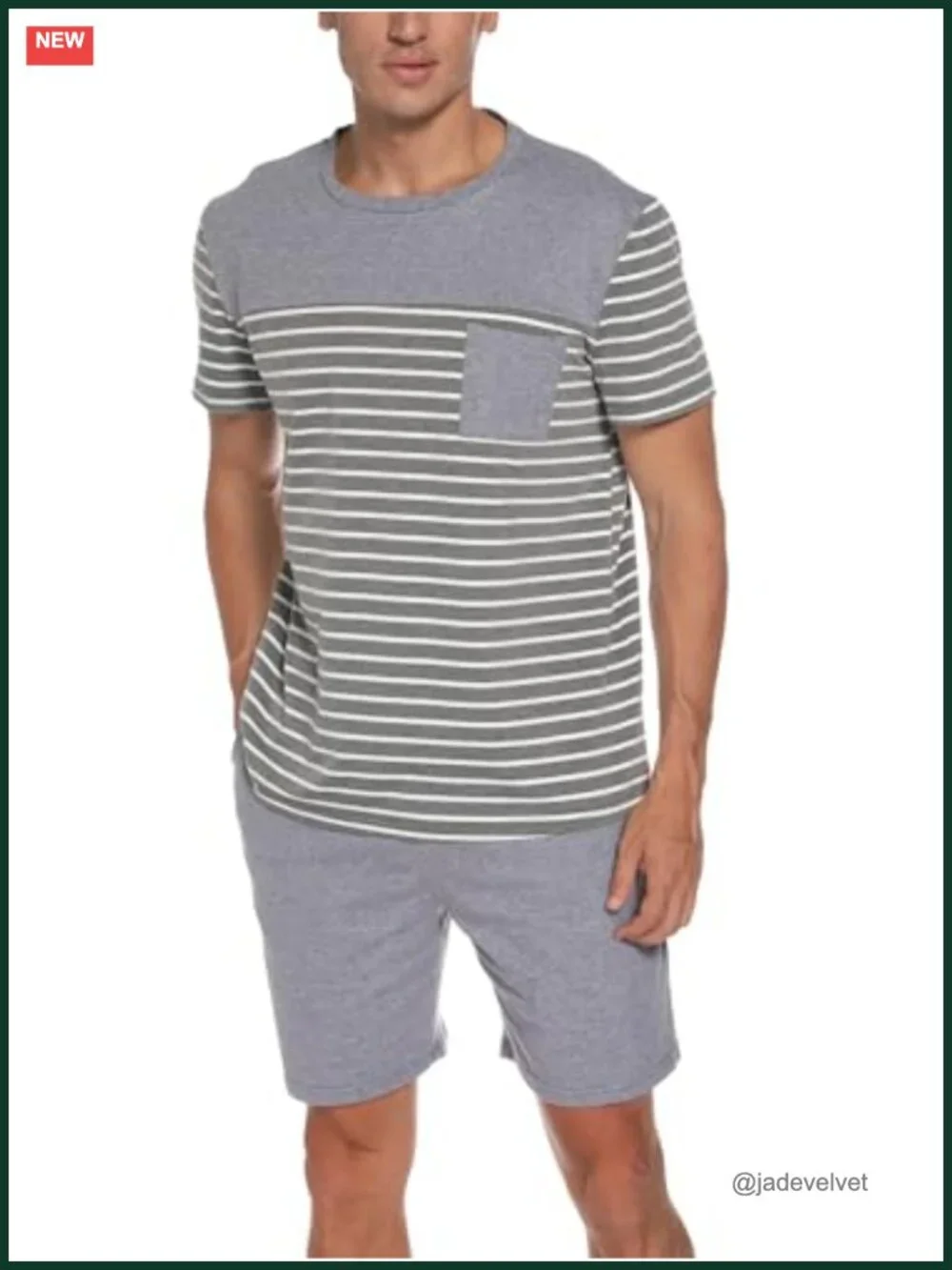 Men's Cotton Pajama Set Short Sleeve Shorts Striped Sleepwear Lounge Set with